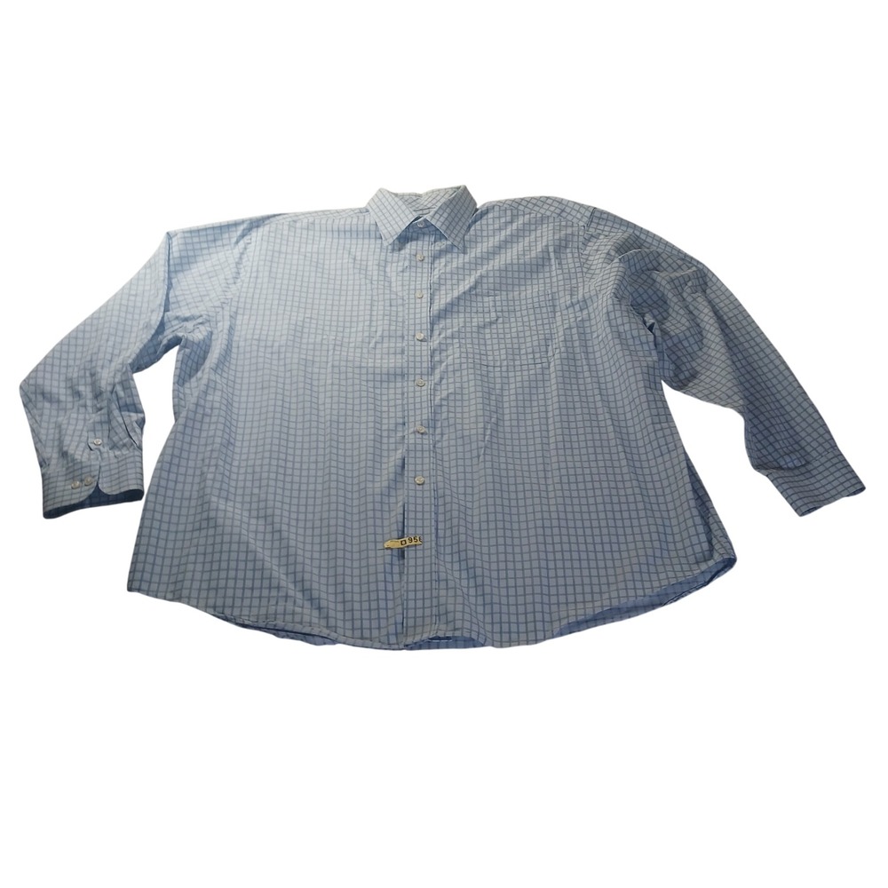 Roundtree‎ & Yorke Gold Label Mens 2X Big & Tall Blue Grid Cotton Non-Iron Shirt